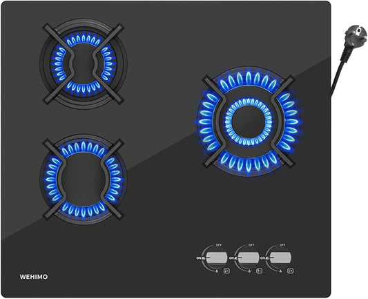 Piano cottura a gas, 60cm, 3 fuochi, 7750 W, da incasso, fornello a gas, nero, 7750W, Protezione Flame-Out, Gaz Naturale, Propano, Butano, Vetro Nero