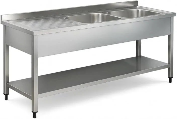 Lavatrice, 1400 × 700 mm, professionale, acciaio inox, Plonge Inox Professionale 2 Vasche con Scolapiatti a Sinistra