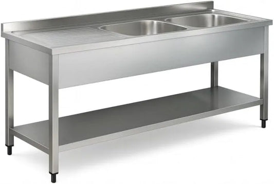 Lavatrice, 1400 × 700 mm, professionale, acciaio inox, Plonge Inox Professionale 2 Vasche con Scolapiatti a Sinistra