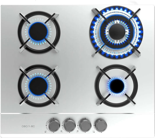 Cecotec Bolero Squad G 4200S Piano cottura a gas, 4 fuochi, 8000 W, ghisa, acciaio inox, fornello a gas, bruciatore WOK tripla corona, griglie in