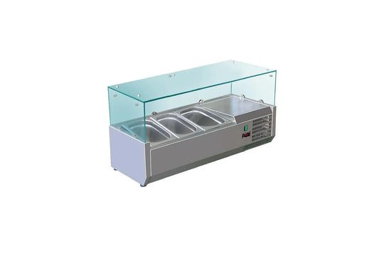 modello R600a, refrigerante R600a, l 955 x P 395 x H 435 mm, SARO VRX 955/380 - Vetrina refrigerante da banco, per 3 GN 1, in vetro e acciaio inox