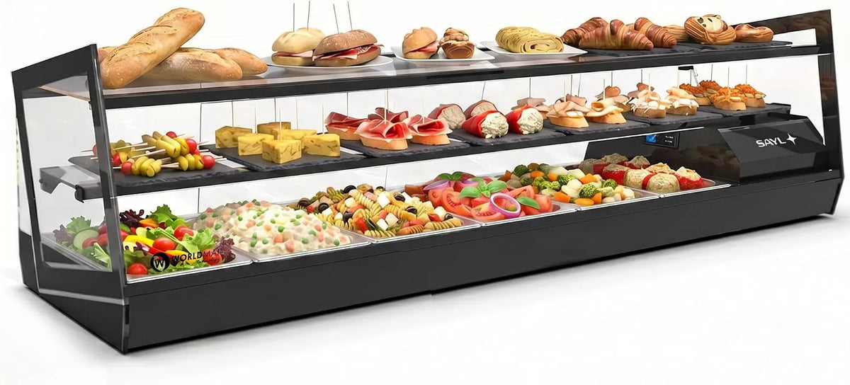 Prodotto 132 x 40 cm, Vetrina con coperchi Kube WORLDMAI x SAYL, 3 piani e 6 secchi GN 1, 3 per alberghi, vetrinetta refrigerata professionale da