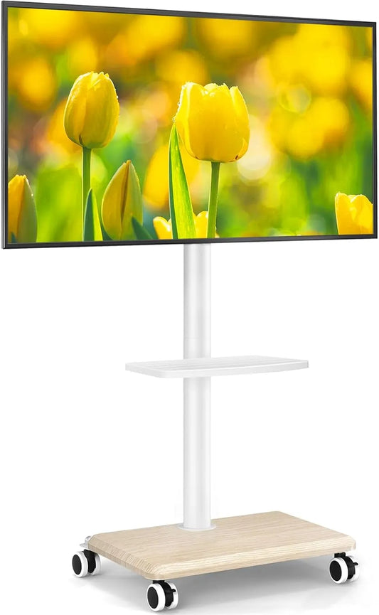 Smart TV 5Rcom, 55 pollici, 400x400mm, televisore, portatile, ruote di trasporto, bianco, Supporto TV da Pavimento con Legno Base, Bianca