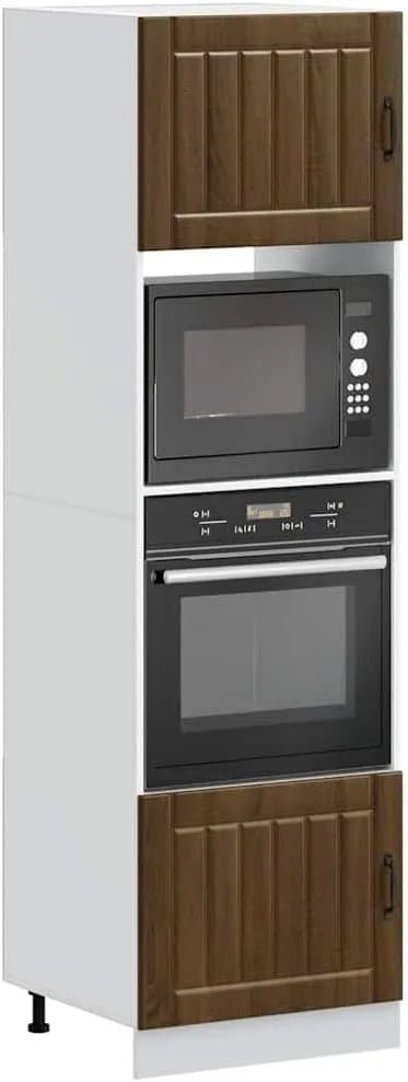 Forno a microonde, 60 x 57 x 207 cm, Set di 2 mobili per fornelli, effetto rovere, con piedini regolabili, salvaspazio, autoportante, facile da pulire