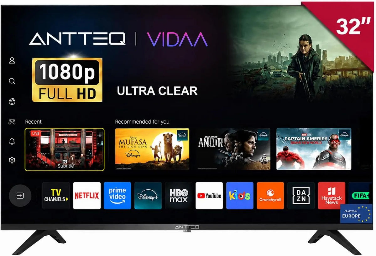 Smart TV L32, 32 pollici, classe energetica F, televisore, HDR, triplo tuner DVB-T2, S2, Wi-Fi, Full HD, App Store, DAZN, Antteq L32 2K FHD VIDAA