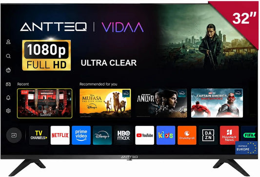 Smart TV L32, 32 pollici, classe energetica F, televisore, HDR, triplo tuner DVB-T2, S2, Wi-Fi, Full HD, App Store, DAZN, Antteq L32 2K FHD VIDAA
