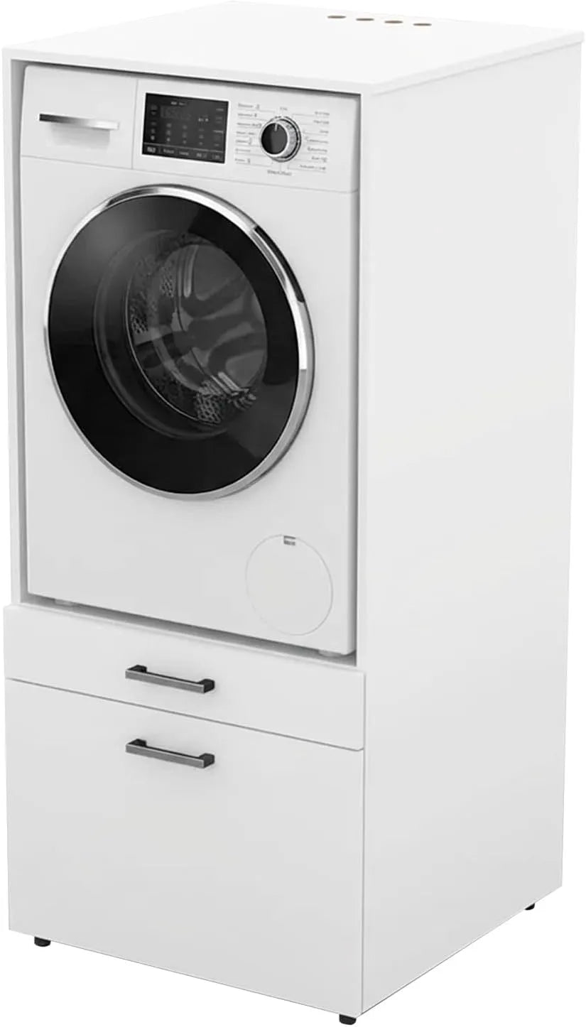 Lavatrice, 67 × 65 × 144 Cm, da incasso, bianco, Mobile Lavatrice Con Cassettone E Mensola Estraibile Mobiletto Lavanderia O Asciugatrice Salvaspazio