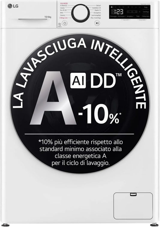LG D4R5010TSWS TurboWash360 Lavasciuga, 6 kg, classe energetica A, lavatrice, asciugatrice, Inverter, bianco, 1400 giri, 6kg Serie R5 Classe A-10%