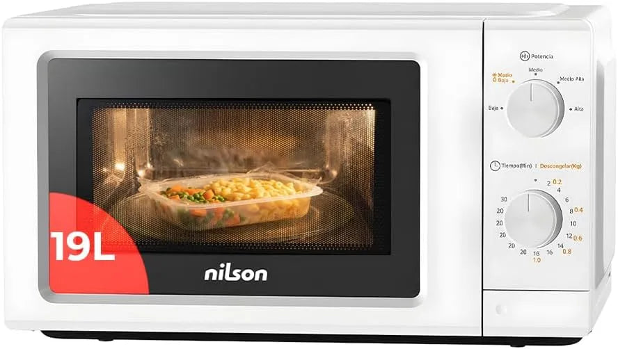 Forno a microonde NMW2701., 19 L, 700 W, 5 programmi, timer, scongelamento, bianco, timer 30 min, Nilson Microonde 19L libero installazione, meccanico