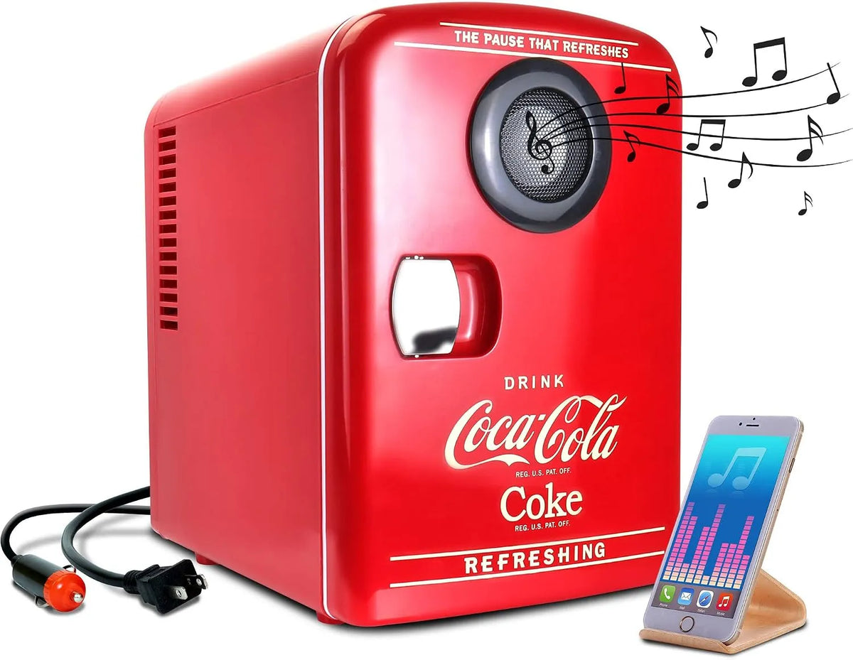Frigorifero, 4 L, portatile, Bluetooth, rosso, Coca Cola Mini Frigo da Camera 4L Frigorifero Piccolo con altoparlante wireless Bluetooth integrato 6