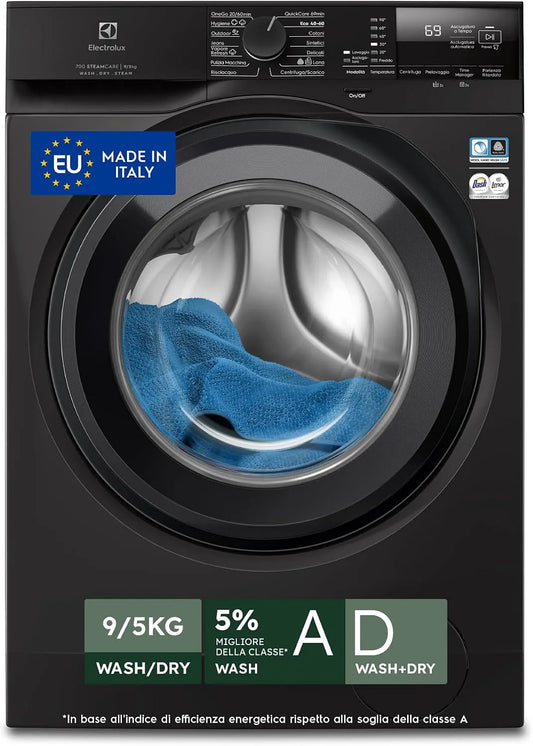 Electrolux EW7W295B Lavasciuga, 847x597x576 mm, 9 kg, classe energetica A, lavatrice, asciugatrice, nero, 1400 Giri al Minuto, Lavaggio Rapido e Cesto
