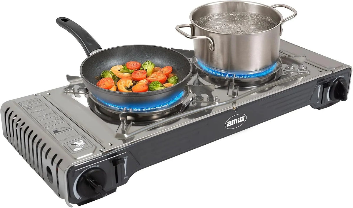 modello CAMP02, Amig - Fornello da campeggio a gas CAMP02 - Cucina portatile - 2 bruciatori - Include piastra - Griglia in ghisa - Acciaio inox - 2 x