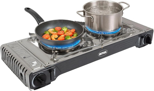 modello CAMP02, Amig - Fornello da campeggio a gas CAMP02 - Cucina portatile - 2 bruciatori - Include piastra - Griglia in ghisa - Acciaio inox - 2 x