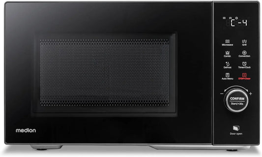 Forno a microonde MD12031, 23 L, 11 programmi, grill, scongelamento, acciaio inox, nero, 1680 watt convezione, 5 livelli di potenza, 23 litri