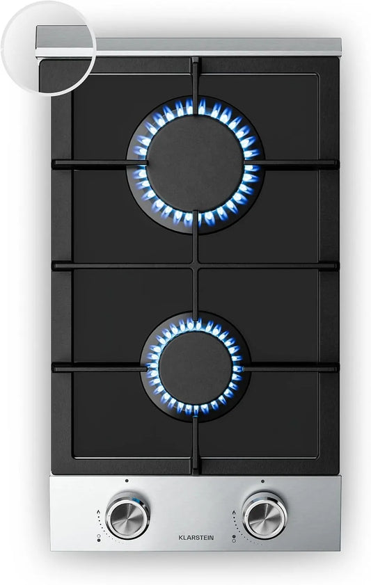 Klarstein Piano cottura a gas, 30cm, 2 fuochi, 4200 W, acciaio inox, fornello a gas, GPL, Naturale, Accensione Elettrica, Sicurezza Fiamma