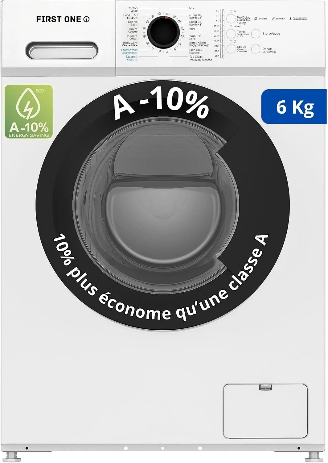 Lavatrice, 16 programmi, 6 kg, classe energetica A, FIRST FLL61000WH, Molto basso conso Classe A-10%, 1000 giri, min, ONE