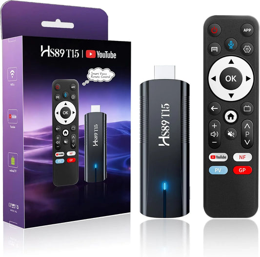 Smart TV HS89 T15, televisore, 4K UHD, HDR, Wi-Fi, Bluetooth, Android OS, 4 HDR10+, HS89 T15 Smart TV Stick Android 14 4K Ultra HD, 2GB RAM 16G ROM