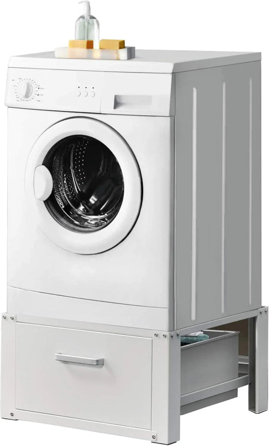 Lavatrice, 63 x 54 x 31 cm, bianco, 150 kg, en.casa, Base Supporto per Lavatrice e Asciugatrice Struttura Rialzata Basamento con Cassetto per Bagno