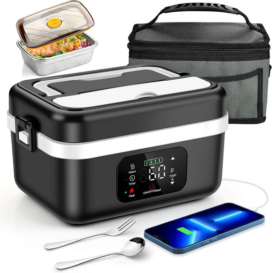 Prodotto 1L Scatola da Pranzo Riscaldata a Batteria per Adulti Portatile in Acciaio Inossidabile Riscaldatore di Cibo con Stoviglie e Sacchetto