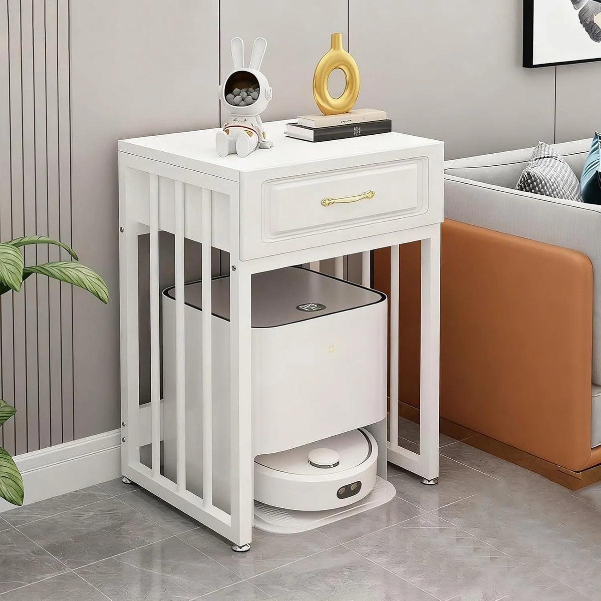 Prodotto ripiani aperti nascosti, Armadietto portaoggetti con robot sottovuoto, comodino portatile con cassetto e ruote, ideale per casa, 55 cm