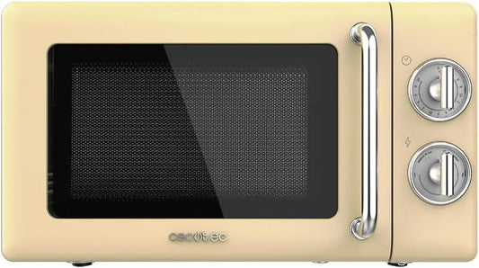 Cecotec Forno a microonde, 20 L, timer, acciaio inox, finiture in acciaio, in 6 livelli, modalità sbrinamento, design vintage in giallo