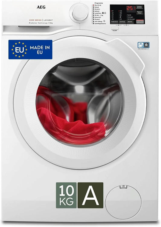 AEG Serie 6000 L6FBI145 Lavatrice, 10 kg, classe energetica A, Inverter, display LCD, bianco, 1400 giri, Carica Frontale, Tecnologia ProSense